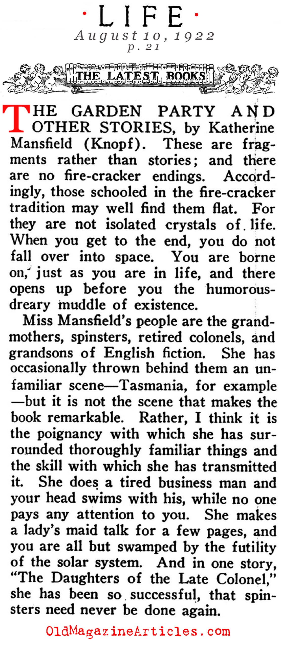 Reviewed: 'The Garden Party and Other Stories' (Life Magazine, 1922)